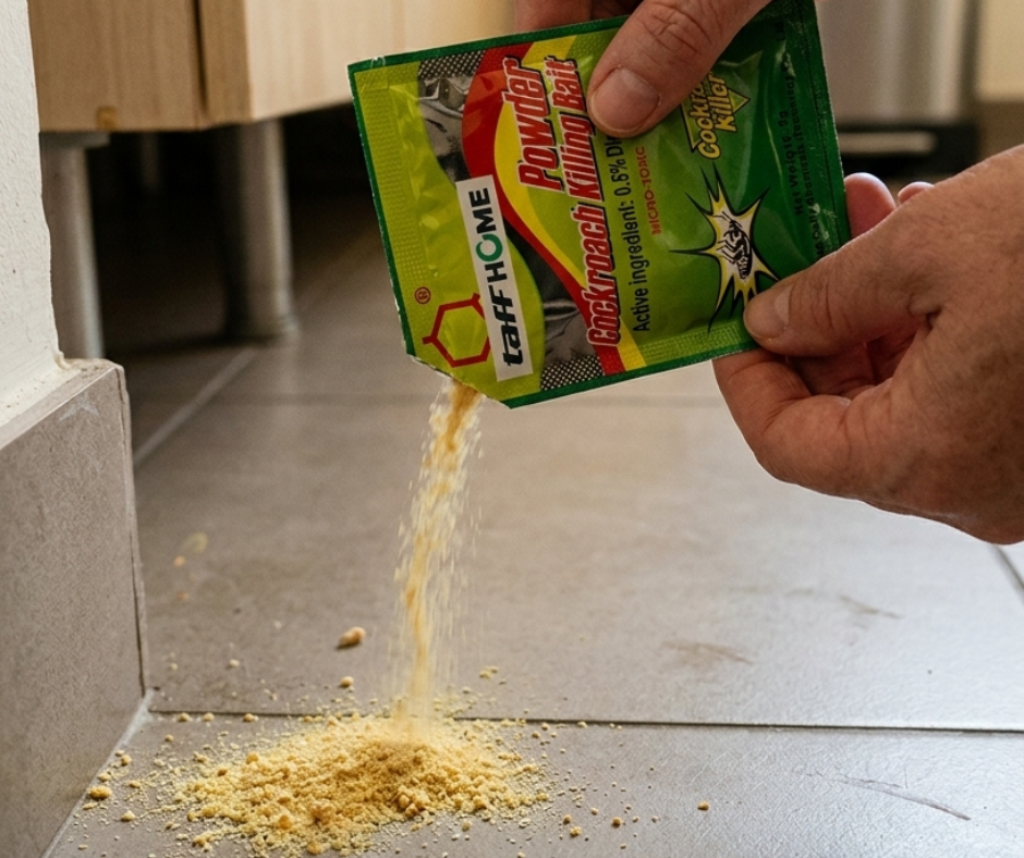 Menaburkan powder TaffHOME di sudut lantai