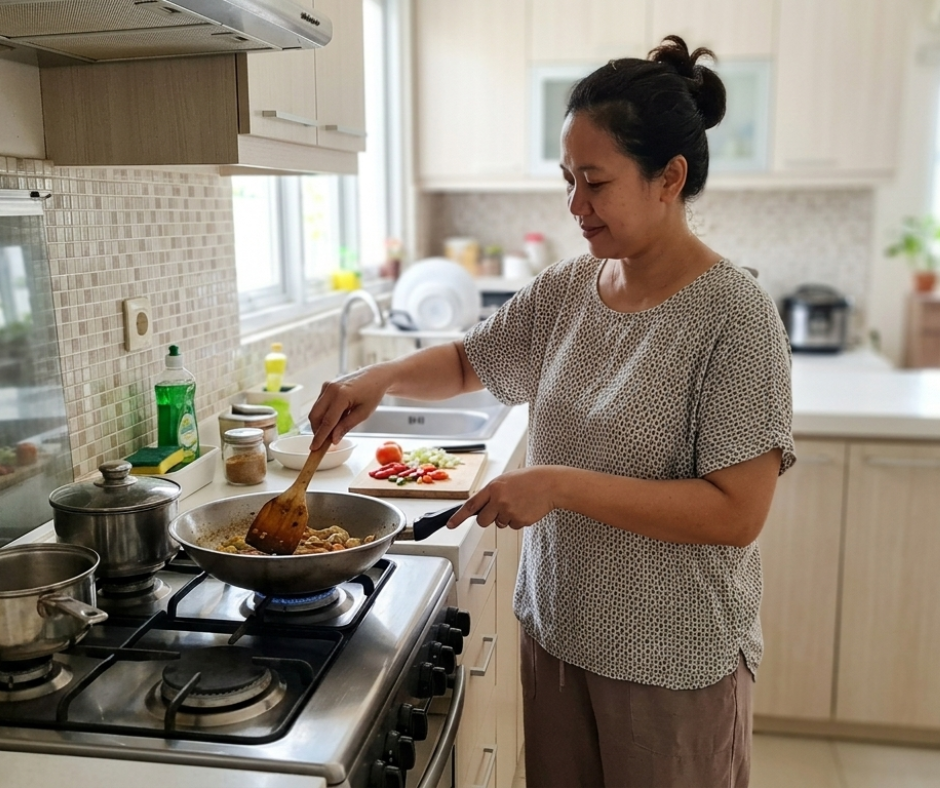 Ibu memasak tenang di dapur bersih